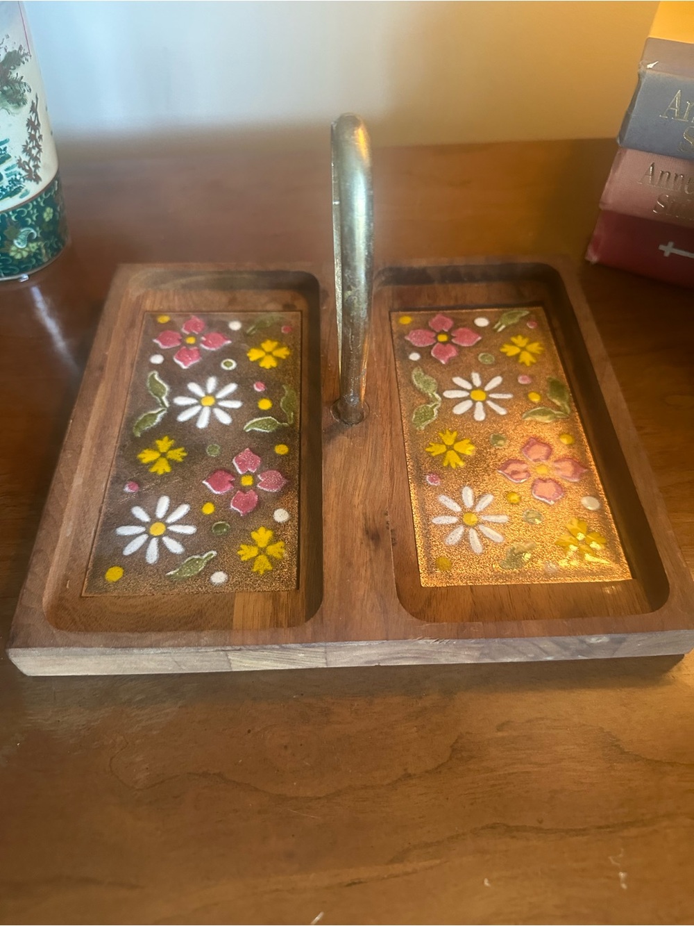 Vintage MCM Genuine Walnut With Floral Copper Insert Serving Tray by Ernest John